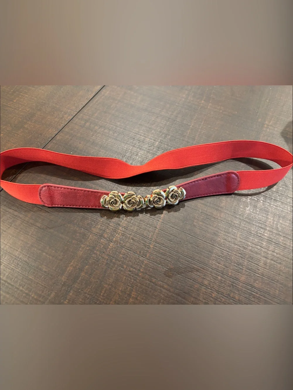 Beltiscool Red Elastic Skinny Stretch Belt Gold Rose Floral Buckle